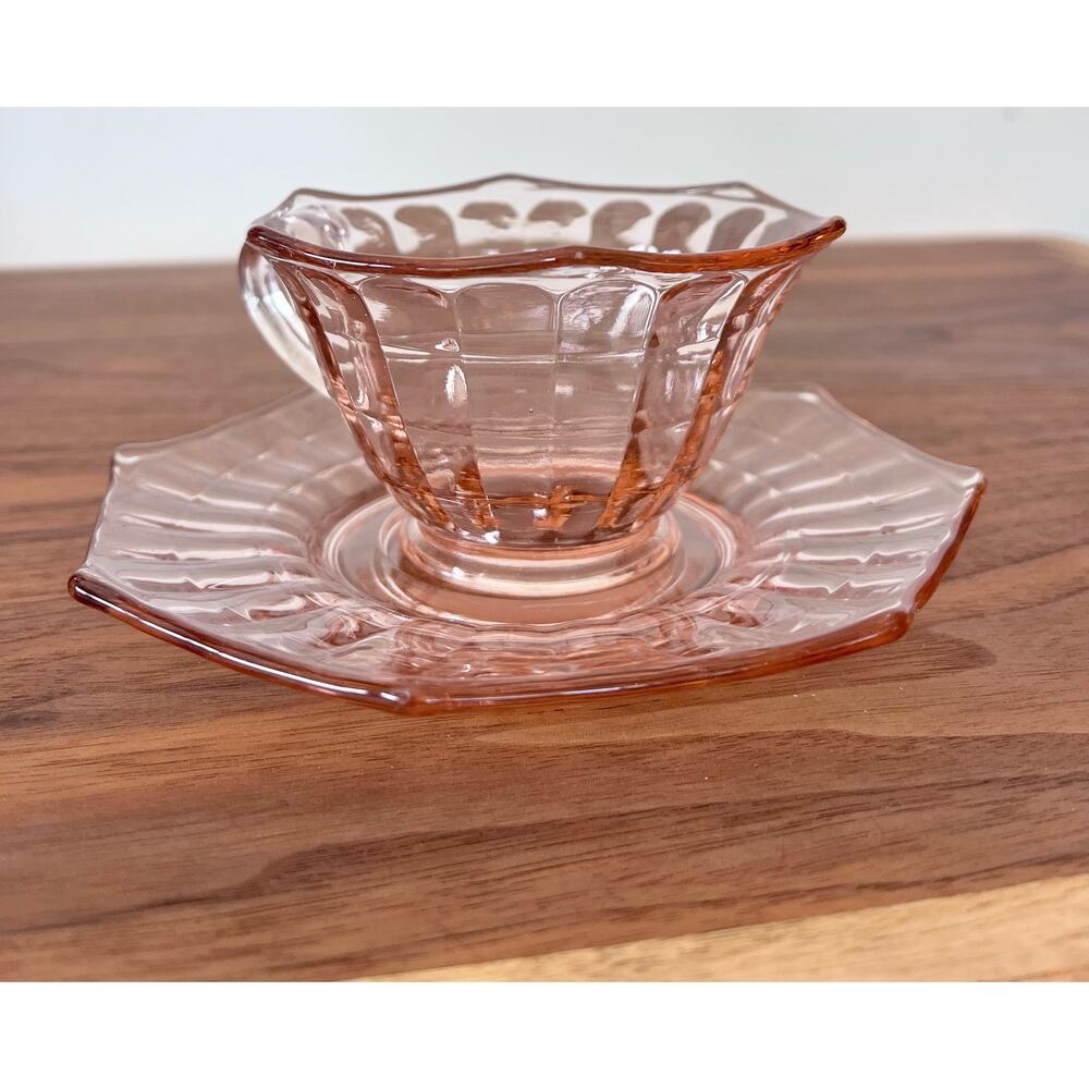 Vintage Octagon Pink Glass Cup & Saucer Set